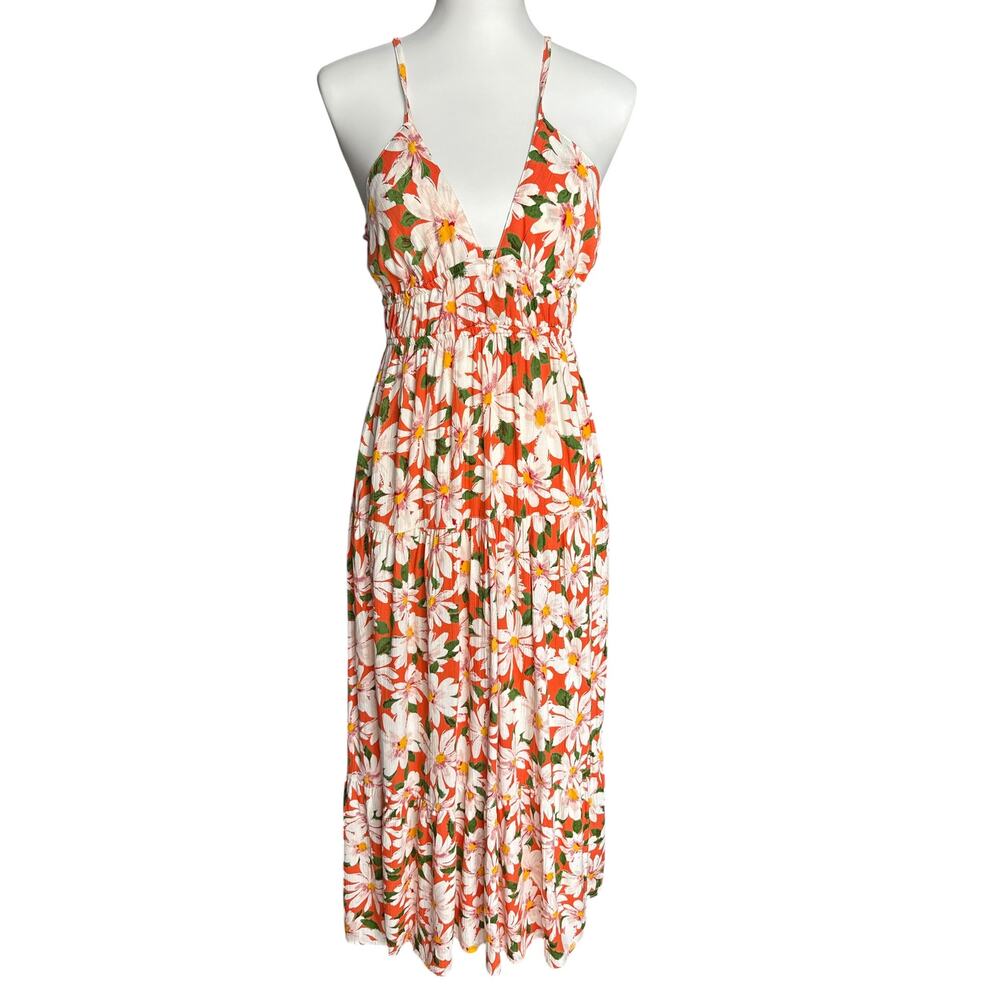 Angie Floral Open Back Maxi Dress Orange Daisy Boho Sundress Medium